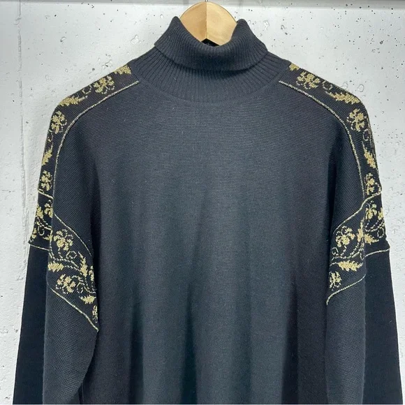Vintage David Meister Large Wool Blend Black Metallic Gold Turtleneck Sweater - Picture 2 of 15